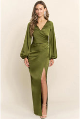 Sloane Long Sleeve Satin Maxi Dress - Olive Green