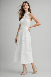 Celine Halter Neck Lace Midi Dress - White