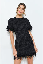 Iris Beaded Fringe Tweed Mini Dress - Black