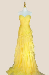 Strapless Yellow Pleated Tiered Long Dress