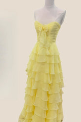 Strapless Yellow Tiered Long Dress with Bow