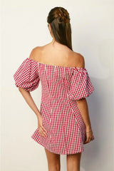 Margot Retro Gingham Off The Shoulder Mini Dress - Red