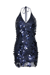 Halter Navy Blue Sequin Tight Short Dress