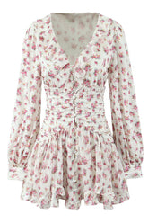 White Floral Ruched Short Party Dress