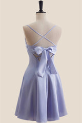 Light Blue Satin Short Dress with Back Bow