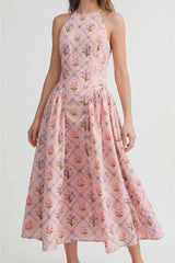 Fiona Floral Jaquard Halter Midi Dress - Pink