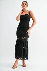 Raven Lace Tiered Midi Dress - Black
