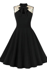 High Neck Embroidery Black Swing Dress