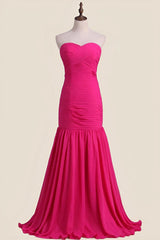 Strapless Hot Pink Pleated Mermaid Long Party Dress