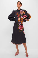 Black Chenille Flowers Midi Dress