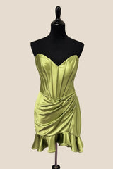 Strapless Short Green Ruched Ruffle Dress