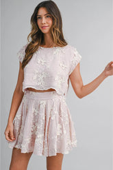 PRE-ORDER ONLY! ETA May 15th! Isabella Floral Applique Embroidered Crop Top and Mini Skirt (Sold Separately) Blush Pink