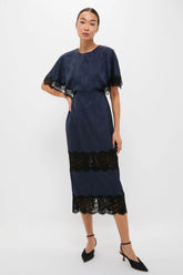 Navy Jacquard and Black Lace Cape Leah Dress