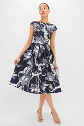 Botanical Engraving Midnight Boat Neck Midi Dress