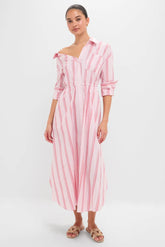 Red Stripe Falling Off the Shoulder Midi Dress