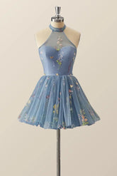 High Neck Blue Floral A-line Short Dress