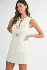 Peyton Pearl Bows Mini Tweed Dress - Ivory