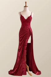 Wine Red Appliques Mermaid Long Formal Dress