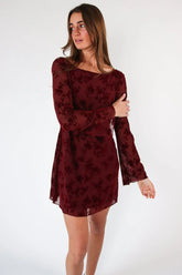 Floral Flocked Mesh Long Sleeve Mini Dress