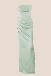 Strapless Sage Ruched Long Dress with Slit