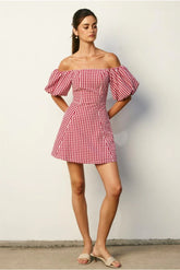 Margot Retro Gingham Off The Shoulder Mini Dress - Red