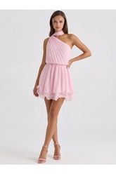 PRE-ORDER Only! (ETA May 15th) Cindy Pleated One Shoulder Mini Dress - Pink