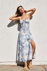 Caroline Coastline Corset Sweetheart Midi Dress - Blue