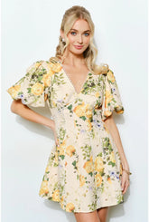 PRE-ORDER ONLY! ETA MAY 30th Savannah Floral Print Puff Sleeve Mini Dress - Yellow