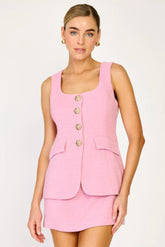 Elle Square Neck Tweed Vested Mini Dress - Pink