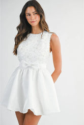 Isabelle Embellished Floral Appliques Bubble Mini Dress - White