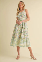 Emma Mae Mixed Floral Prints Back Bow Midi Dress