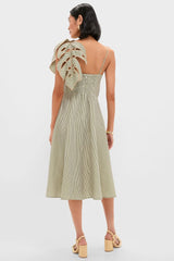 Green Striped Monsterea Leaf Sleeveless Midi Dress