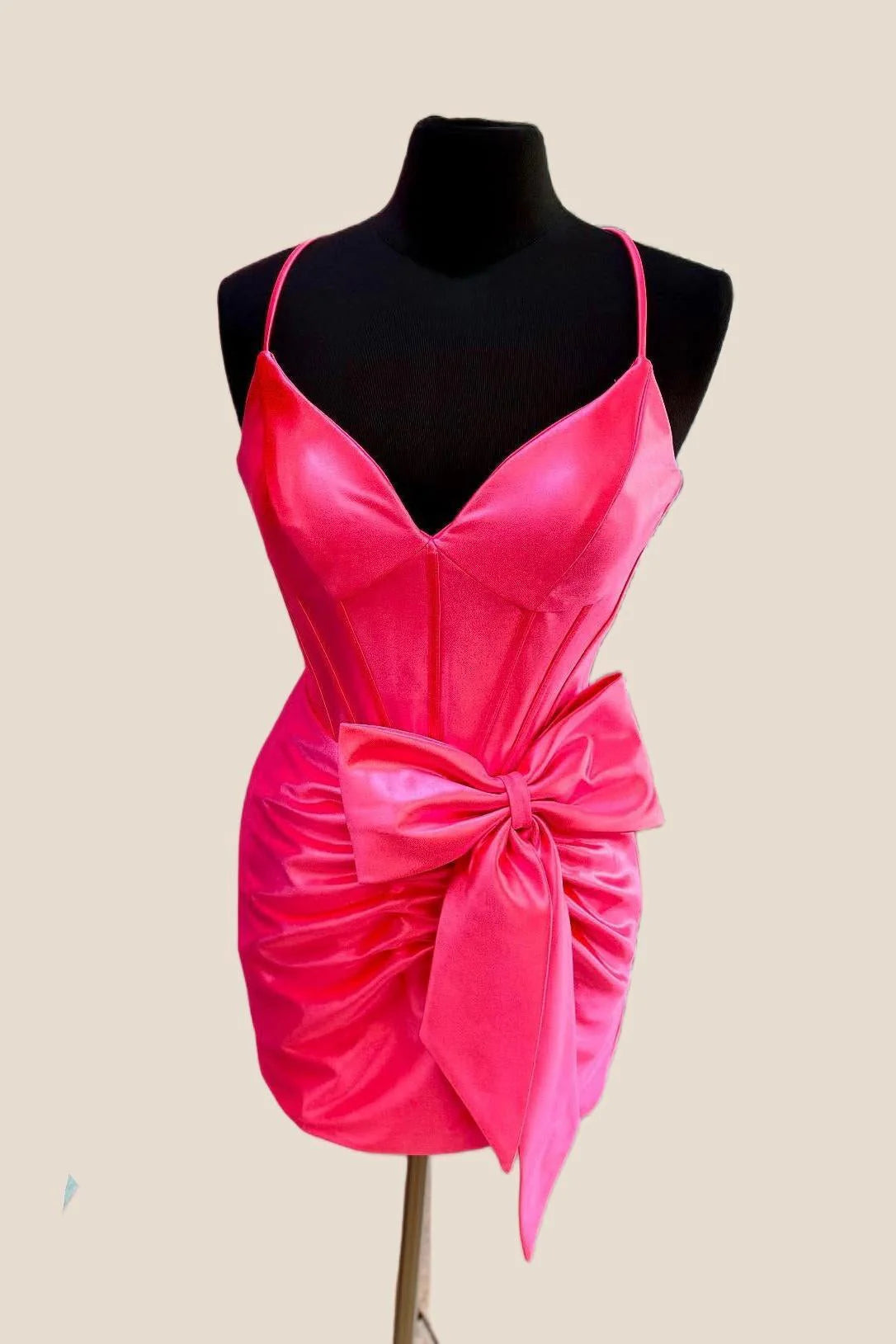 V-neck Hot Pink Bodycon Short Dress with Bow