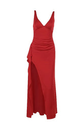V Neck Red Fitted Frill Long Party Dress