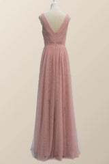V Neck Plush Pink Tulle Long Bridesmaid Dress