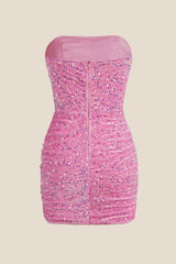 Strapless Fuchsia Bodycon Sequin Short Dress