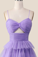 Knotted Purple Tulle Tiered Long Party Dress