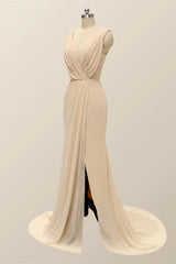 V Neck Blue Pleated Chiffon Long Bridesmaid Dress