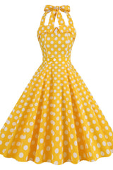 Yellow Polk Dots Halter Swing Dress